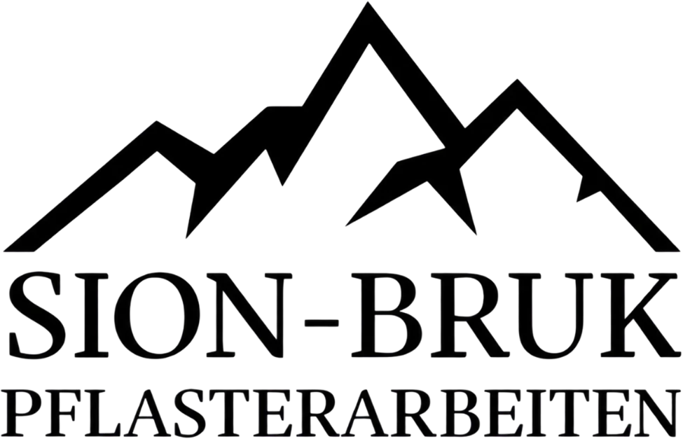 Unternehmenslogo mit Bergsilhouette und Schriftzug Sion-Bruk Pflasterarbeiten